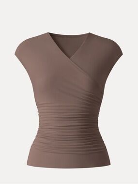 NWT  OGL -Ruched Wrap V-Neck Cap-Sleeve Top - Mocha Brown